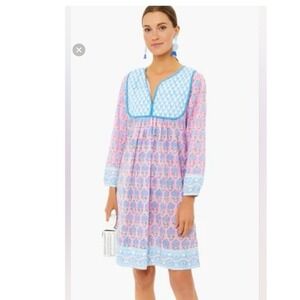 SZ Blockprints Kitty Tunic Dress Pink Blue Floral Cotton Block Print Long Sleeve